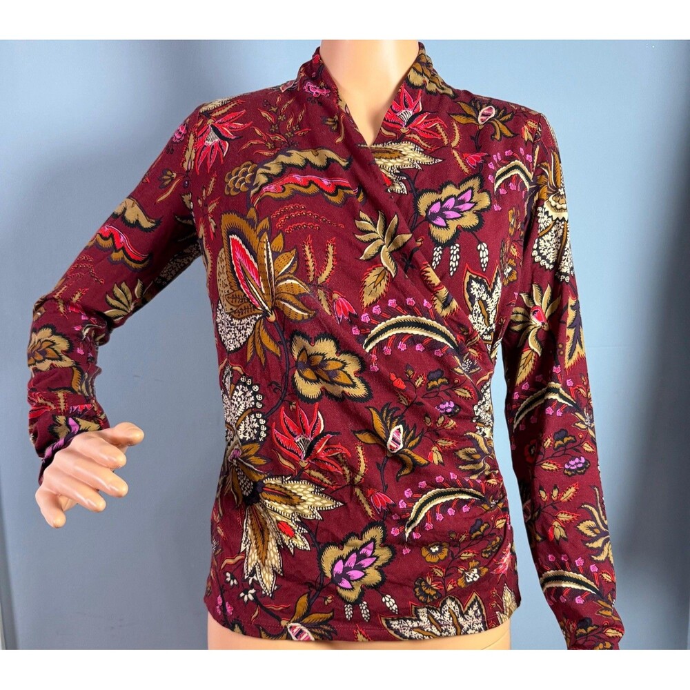 Talbots NWT Faux Wrap Top XS Burgundy Red Paisley Floral Ruched Knit V-Neck.